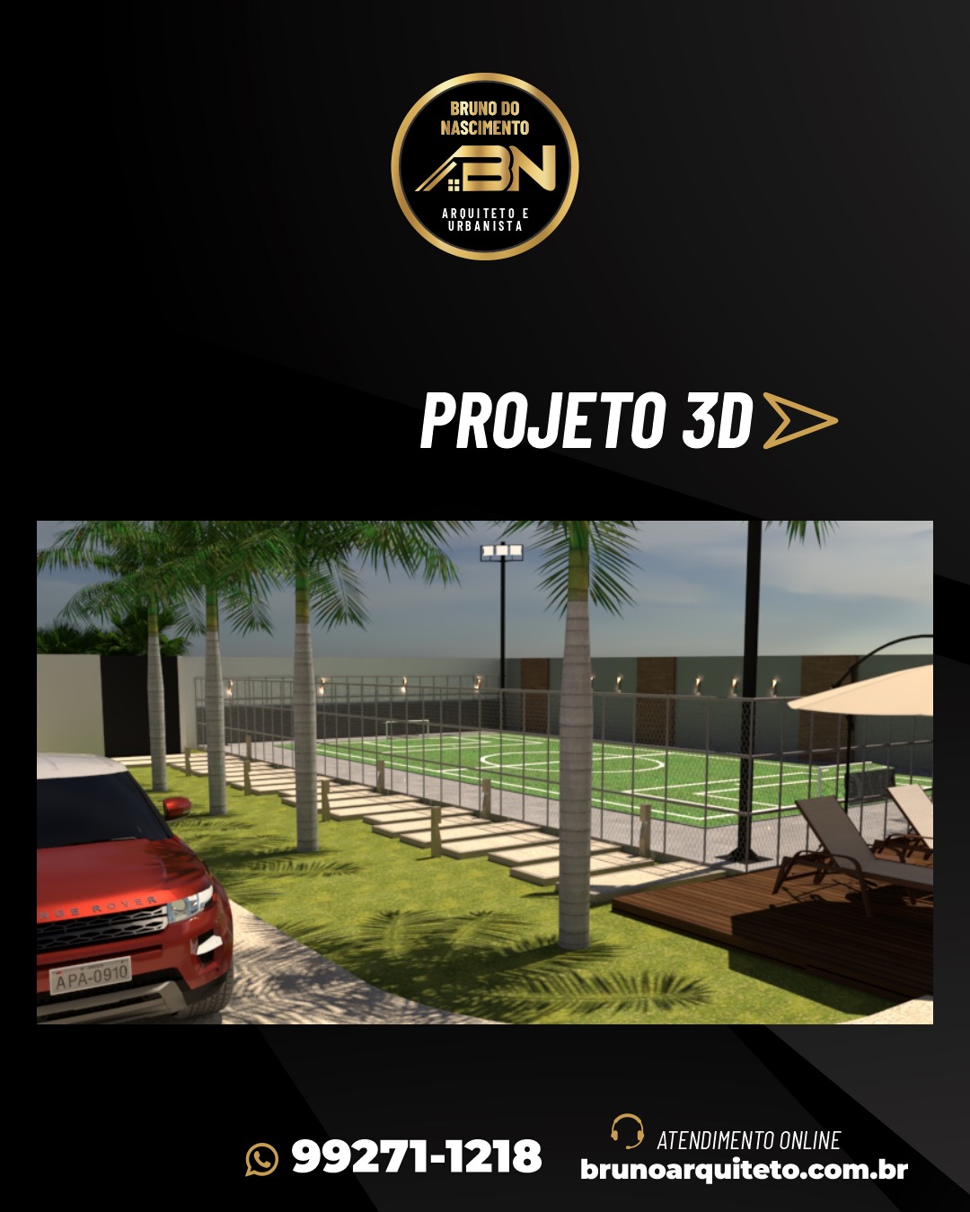 Projeto 3D de área de lazer com quadra esportiva e deck por Bruno Arquiteto