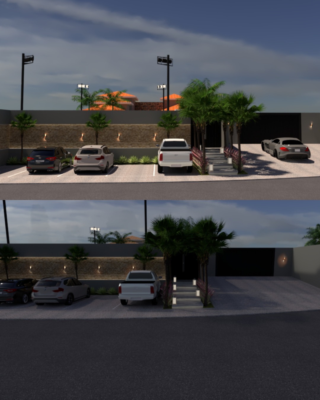 Perspectiva 3D da fachada residencial moderna e garagem por Bruno Arquiteto