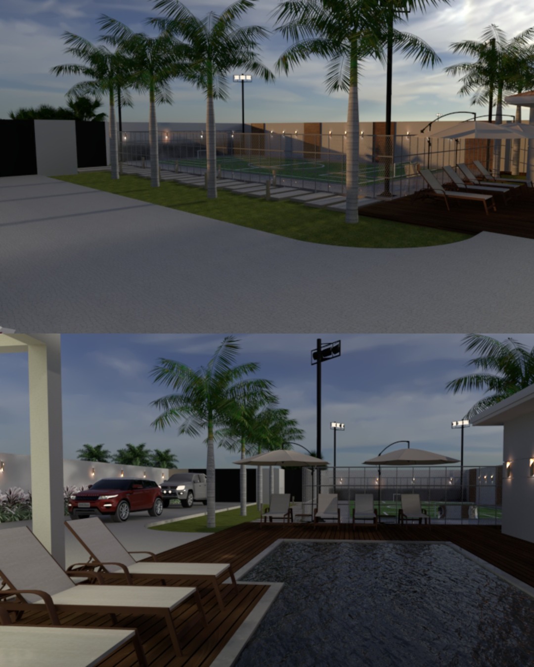 Renderização 3D da área de piscina com deck e solarium por Bruno Arquiteto
