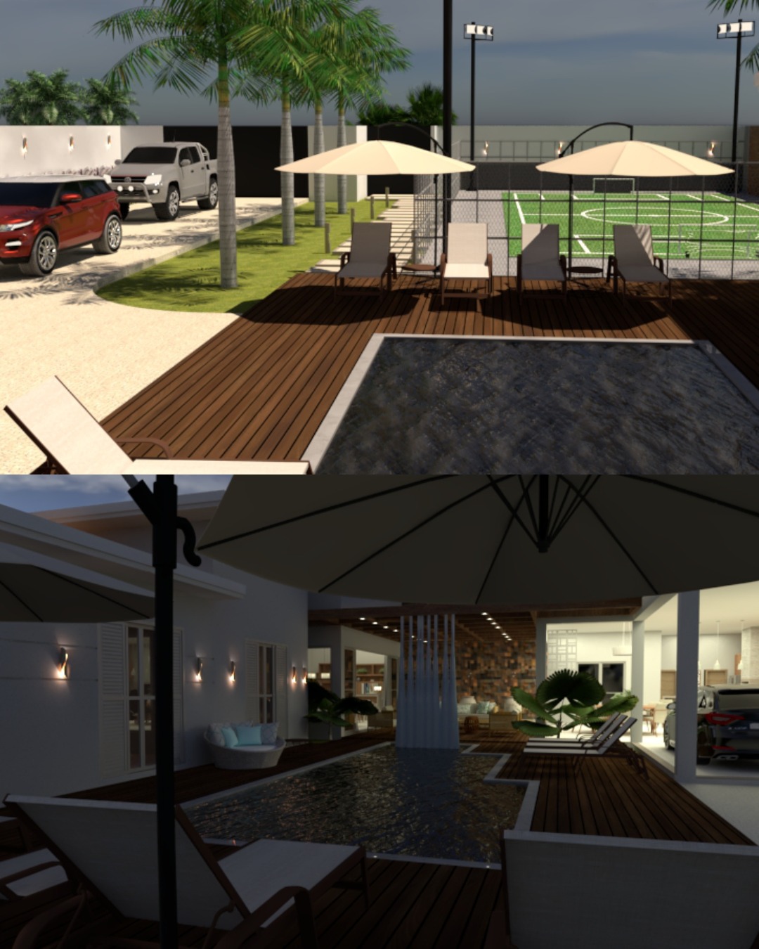 Visualização noturna de varanda gourmet integrada à piscina por Bruno Arquiteto