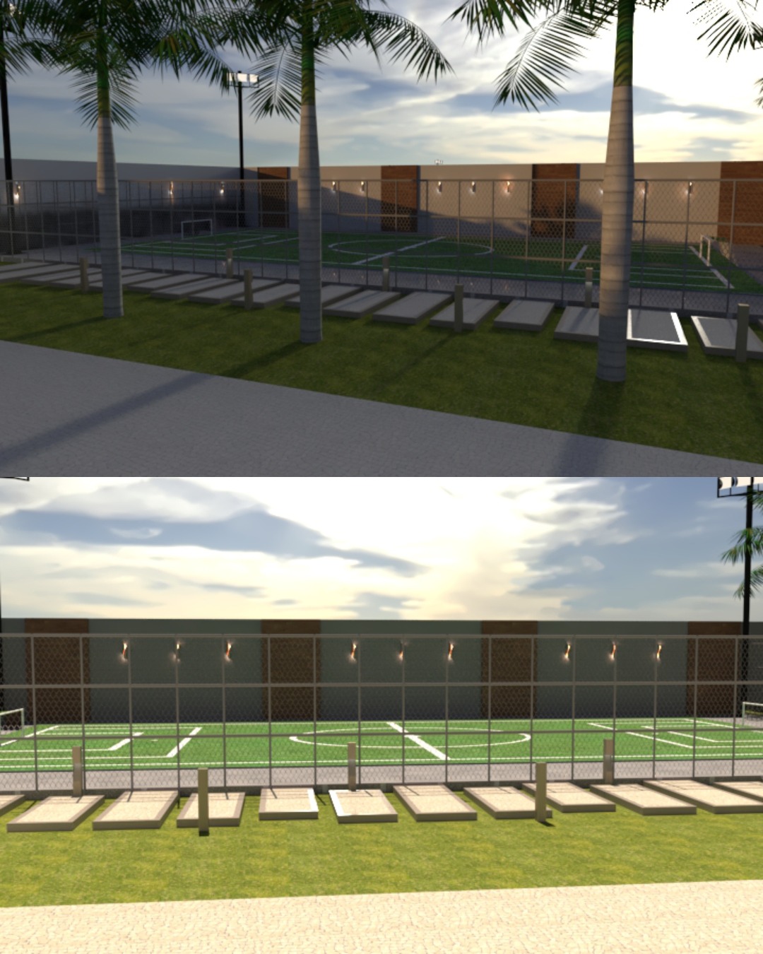 Projeto 3D de mini campo esportivo com alambrado e paisagismo por Bruno Arquiteto